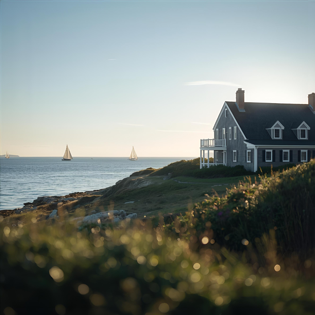 A shingled home above the Atlantic coast with sailboats offshore