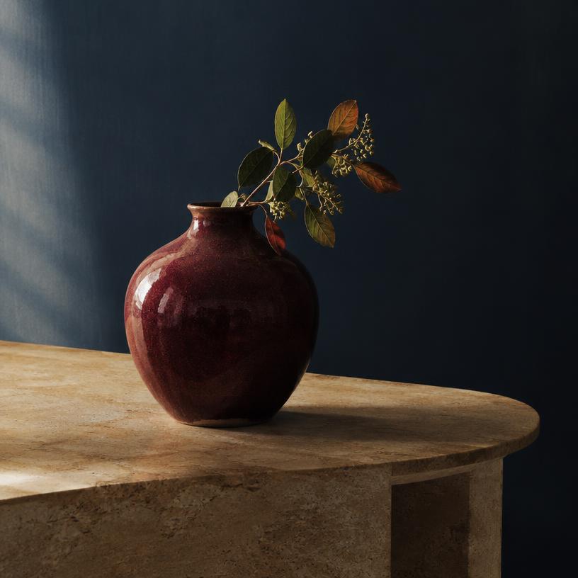 A bordeaux vessel with gathered foliage