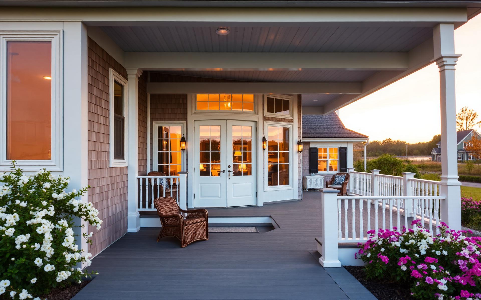 Luxury New England coastal home at golden hour