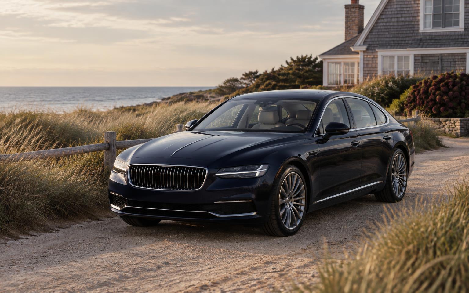 A dark navy sedan waiting on a sandy lane beside a shingled coastal home