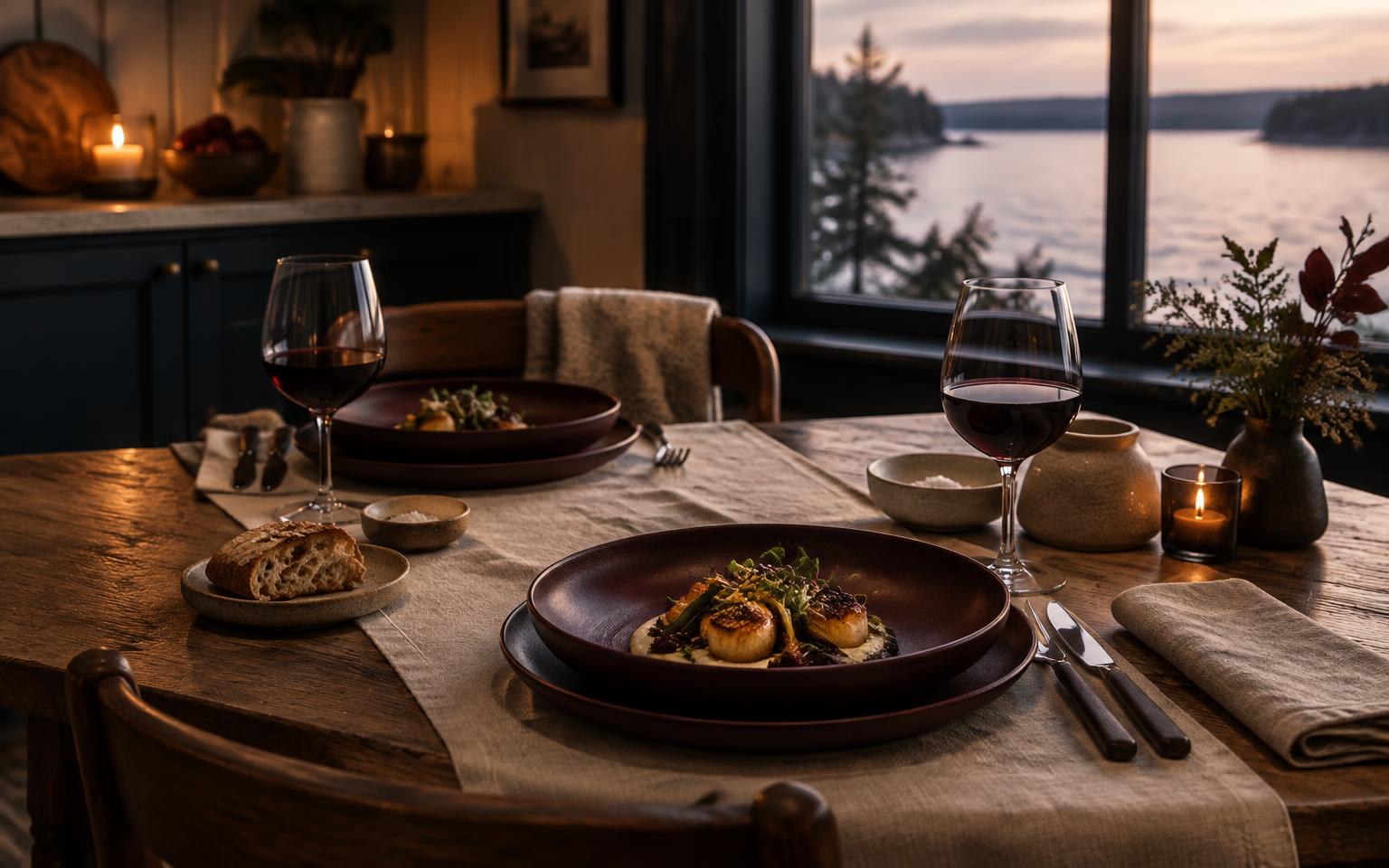A private chef's plated courses and red wine on a lakeside cottage table at dusk