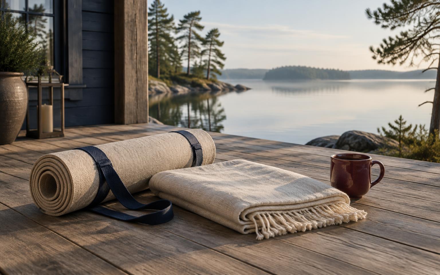 A rolled yoga mat and folded linen blanket on a lakeside porch at sunrise