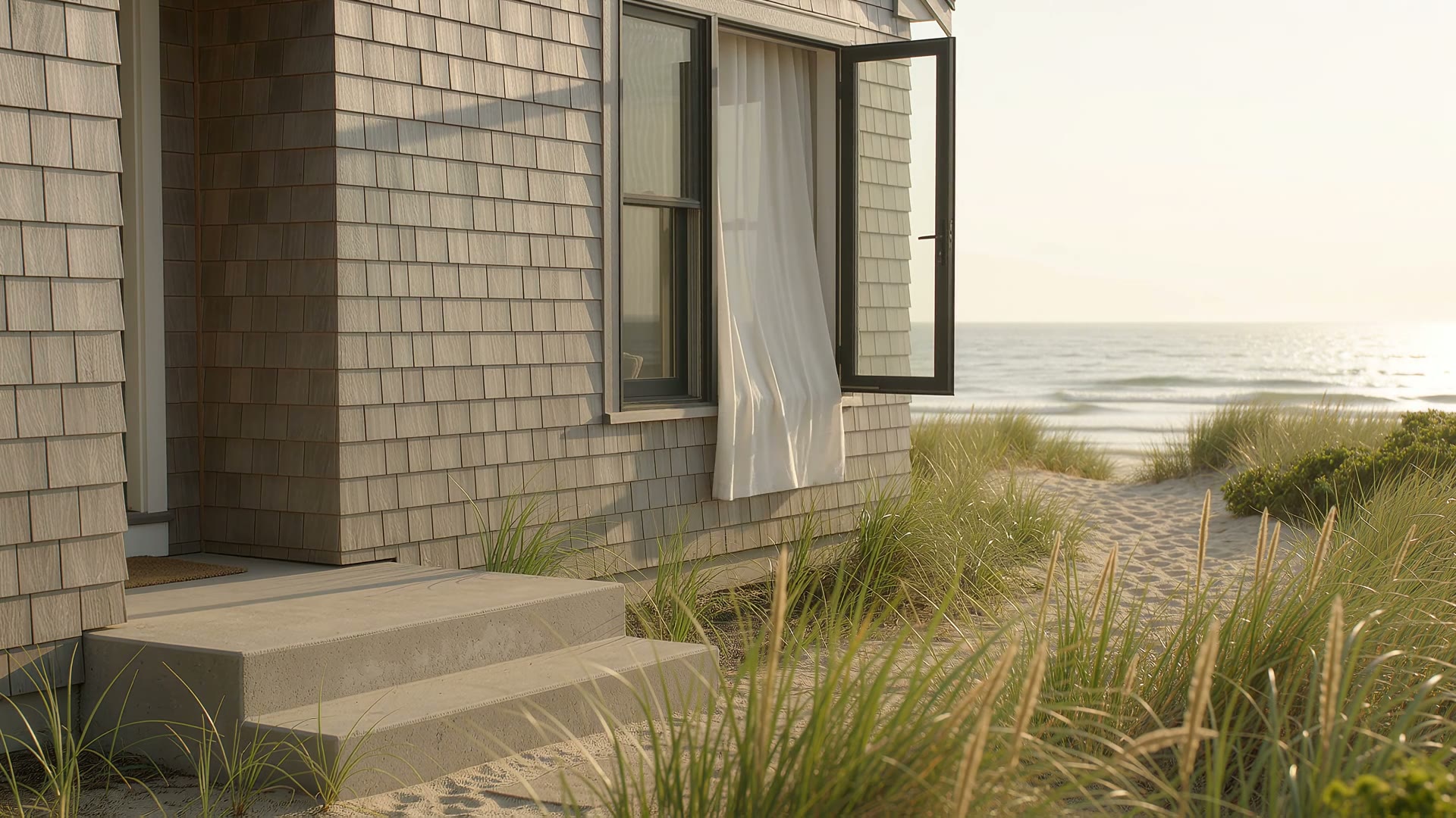 Warm light on the front step of a shingled coastal home, dune grass and the sea beyond.