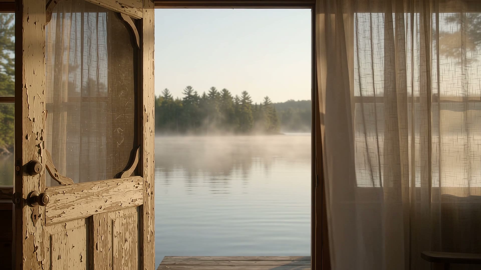 A screen door opening onto still morning lake water and a pine shoreline.